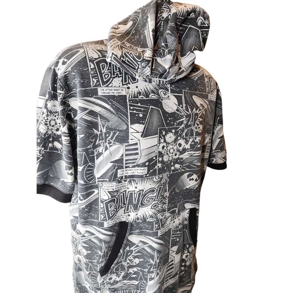 Royal Blue Hoodie Large Comic Book Graphic Short Sleeve Sweatshirt Retro Pop Art
